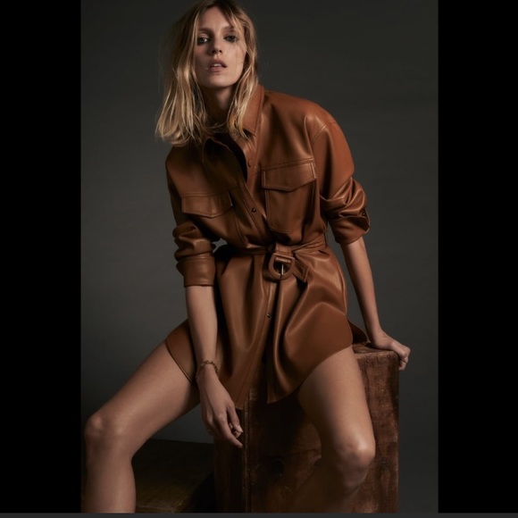 ZARA BROWN CAMEL LEATHER BELT SHIRT MINI DRESS TAN - Picture 7 of 9